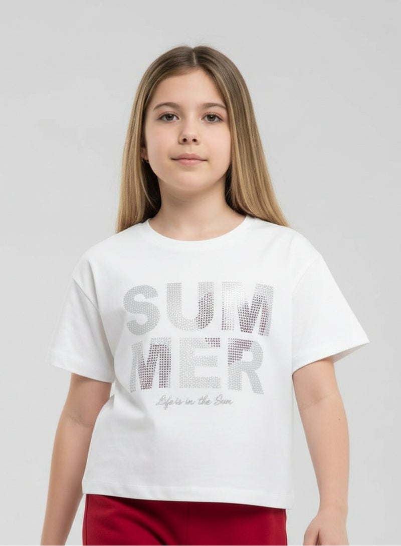 victor and jane Girls 2 Pc Set “Summer Days” Top & Pants Set – White & Red - Image 3