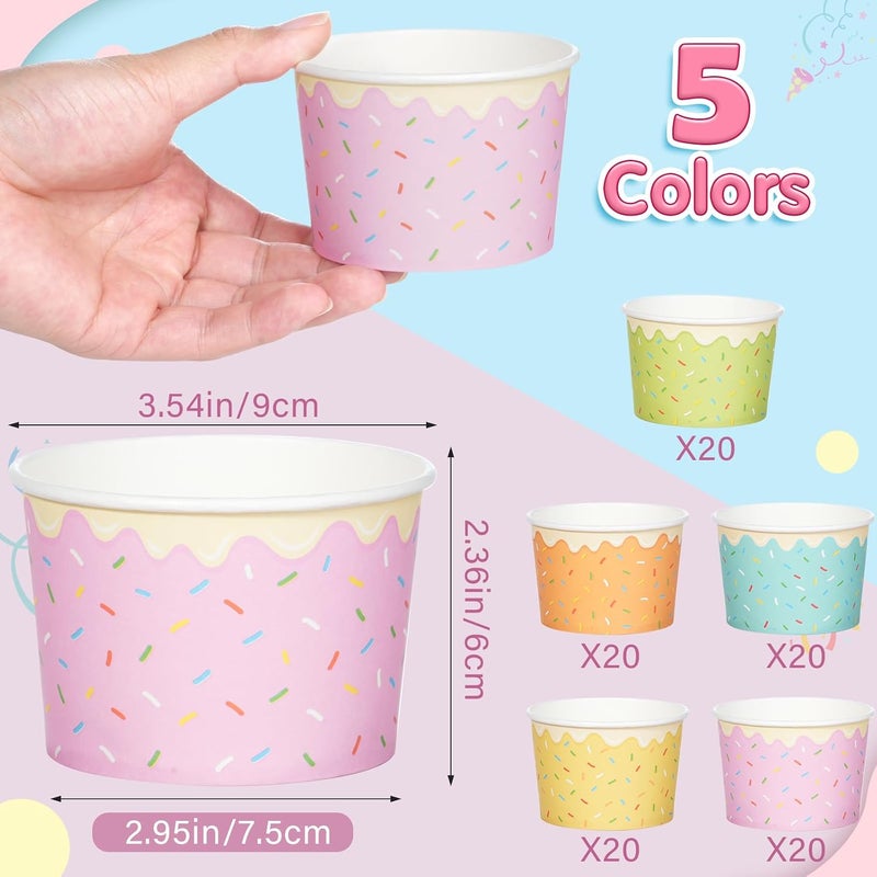 Hallswl 100pcs Ice Cream Bowls Disposable,9oz Paper Ice Cream Cups,5 Color Sprinkles Food Containers for Dessert Snack Frozen Yogurt Soup and Summer Birthday Party Supplies - Image 2