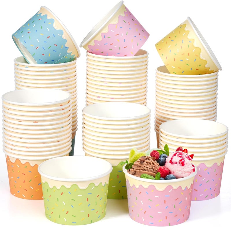 Hallswl 100pcs Ice Cream Bowls Disposable,9oz Paper Ice Cream Cups,5 Color Sprinkles Food Containers for Dessert Snack Frozen Yogurt Soup and Summer Birthday Party Supplies - Image 1