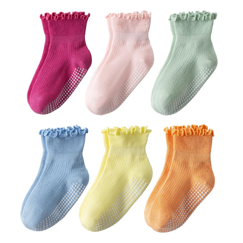 DarkCom Toddler Baby Socks Ruffle Girls Grip Non Slip 6 Pairs Socks for Kids Cute Athletic Ankle Frilly 6M-5Years - Image 1