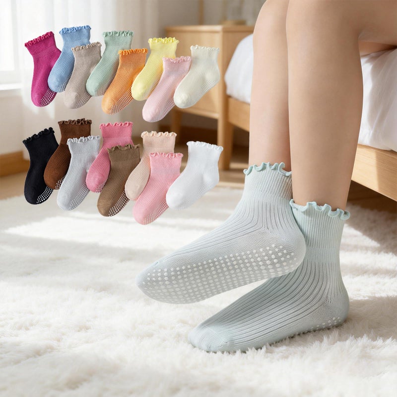 DarkCom Toddler Baby Socks Ruffle Girls Grip Non Slip 6 Pairs Socks for Kids Cute Athletic Ankle Frilly 6M-5Years - Image 3