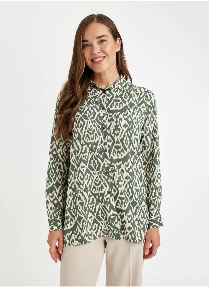 DeFacto Loose Fit Shirt Collar Patterned Long Sleeve Tunic Shirt