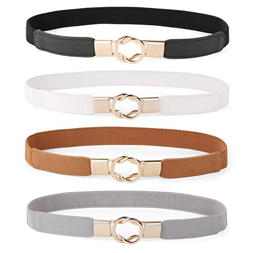 WERFORU Women Skinny Belt for Dresses Retro Stretch Waist Belt with Gold Buckle Set of 4,Black+Brown+White+Gray - Image 1