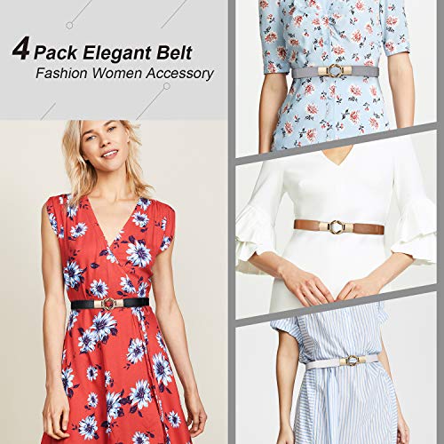 WERFORU Women Skinny Belt for Dresses Retro Stretch Waist Belt with Gold Buckle Set of 4,Black+Brown+White+Gray - Image 5