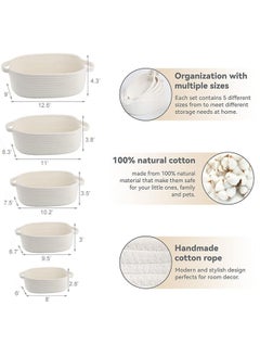 Arabest 5-Piece Rectangular Storage Basket - Natural Cotton Rope Woven Organizer Basket for Nursery, Dog Toy Basket, Cat Toy Box, Bathroom Organizer  - Image 2