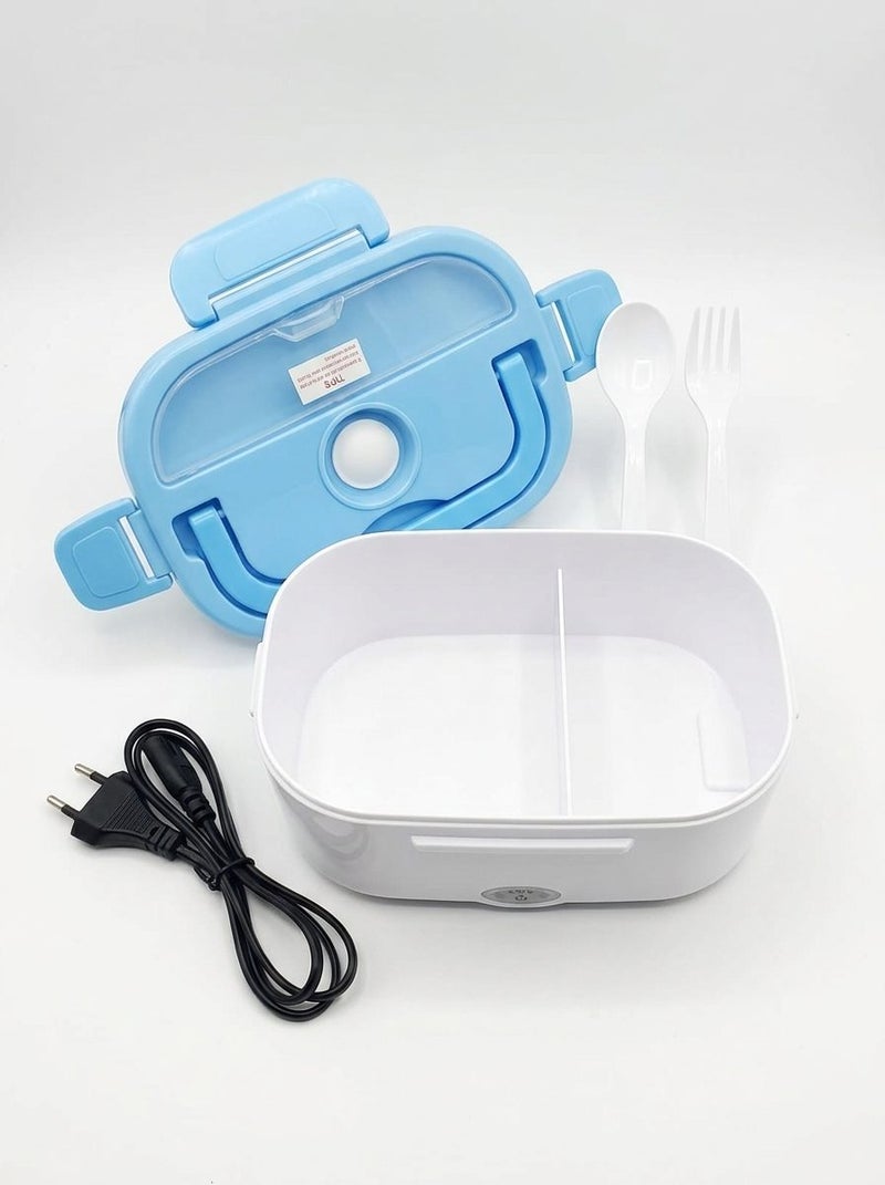 Electric Heating Lunch Box with 2 Compartments, Portable Food Warmer Container with Spoon & Fork for Office School Travel - Blue/White - Image 1