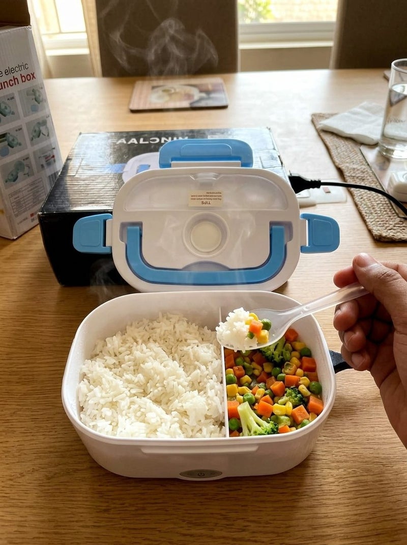 Electric Heating Lunch Box with 2 Compartments, Portable Food Warmer Container with Spoon & Fork for Office School Travel - Blue/White - Image 2