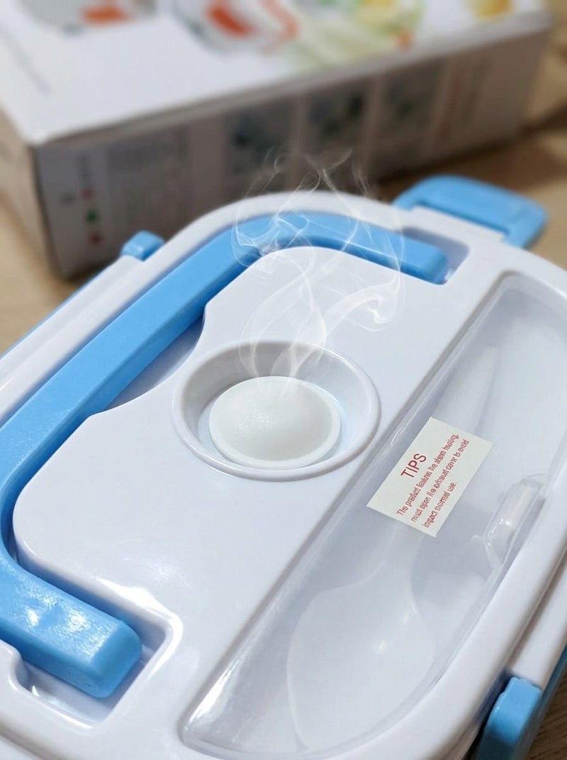 Electric Heating Lunch Box with 2 Compartments, Portable Food Warmer Container with Spoon & Fork for Office School Travel - Blue/White - Image 4