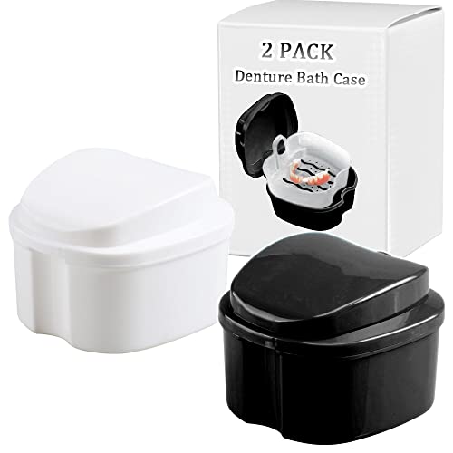 Denture Bath Box Cup Container Case Complete Clean Care for Dentures Clear Braces False Teeth Mouth Guard Night Guard RetainersTraveling Black White