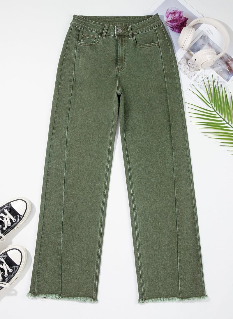 Sidefeel Women's Wide Leg Jeans High Waisted Stretchy Raw Hem Denim Pants Size 14 Green - Image 3