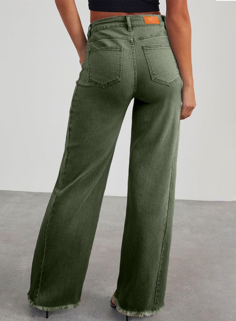Sidefeel Women's Wide Leg Jeans High Waisted Stretchy Raw Hem Denim Pants Size 14 Green - Image 2