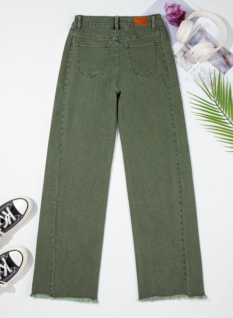 Sidefeel Women's Wide Leg Jeans High Waisted Stretchy Raw Hem Denim Pants Size 14 Green - Image 4