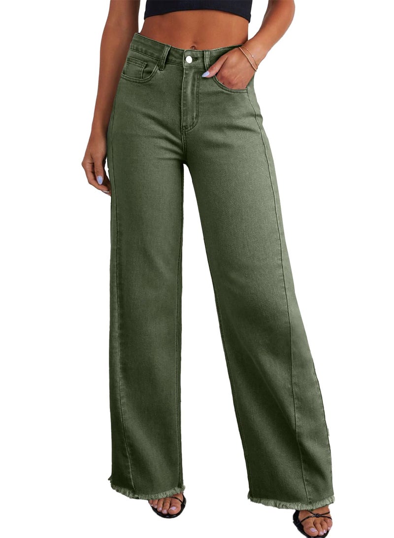Sidefeel Women's Wide Leg Jeans High Waisted Stretchy Raw Hem Denim Pants Size 14 Green - Image 1