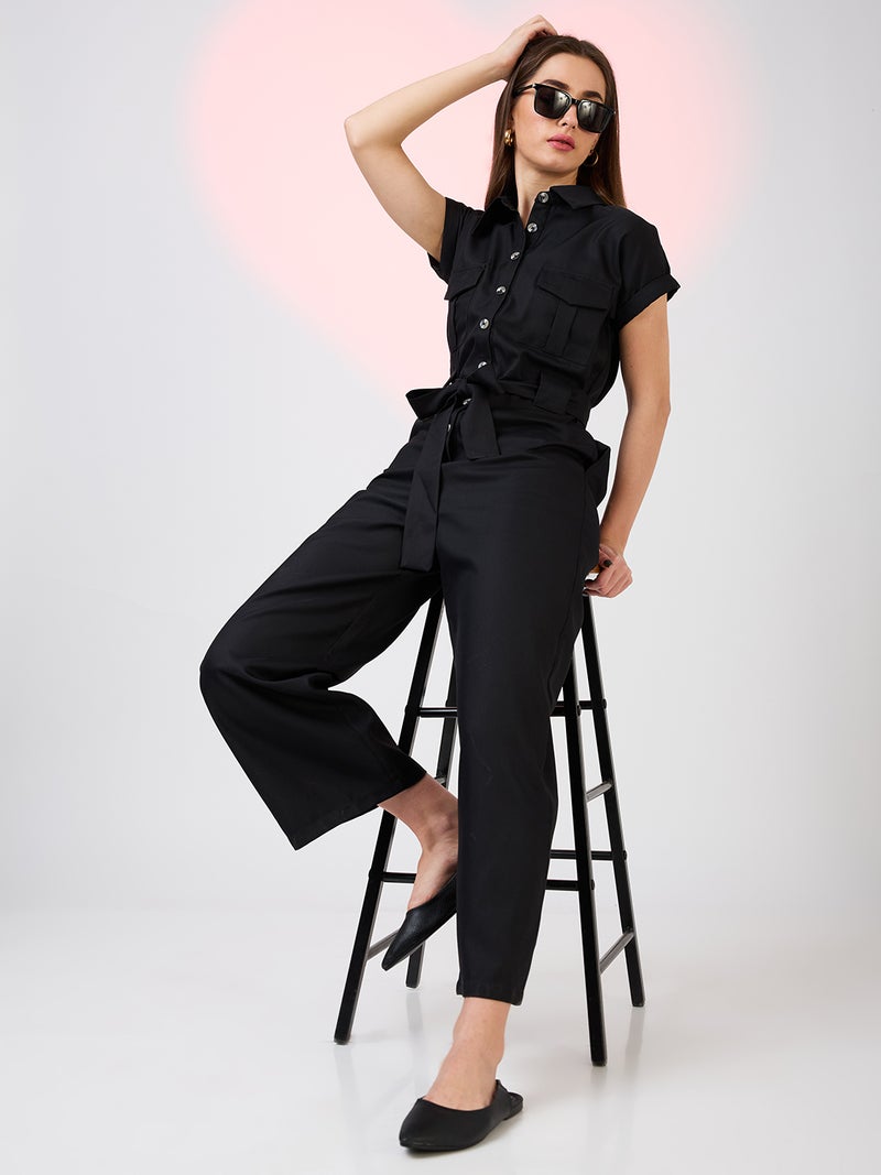 globus Globus Women Shirt Collar Extended Sleeves Front Pockets Utility Belted Jumpsuit - Image 1