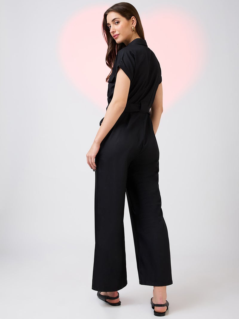 globus Globus Women Shirt Collar Extended Sleeves Front Pockets Utility Belted Jumpsuit - Image 3