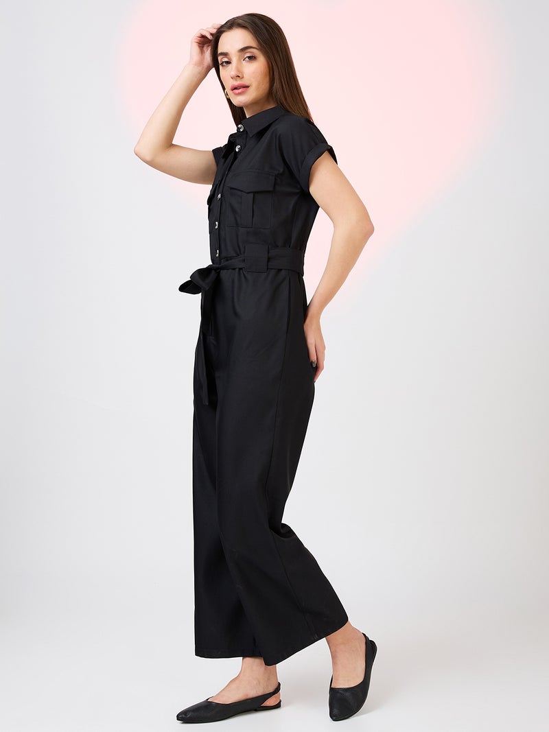 globus Globus Women Shirt Collar Extended Sleeves Front Pockets Utility Belted Jumpsuit - Image 2