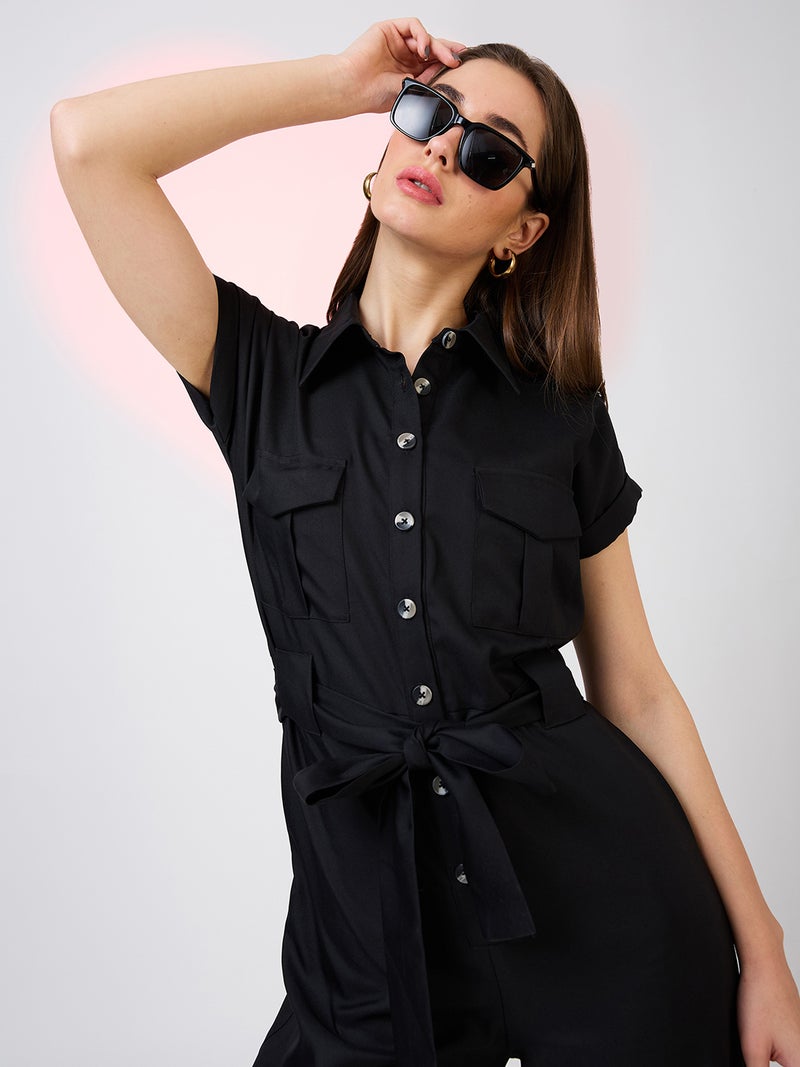globus Globus Women Shirt Collar Extended Sleeves Front Pockets Utility Belted Jumpsuit - Image 5