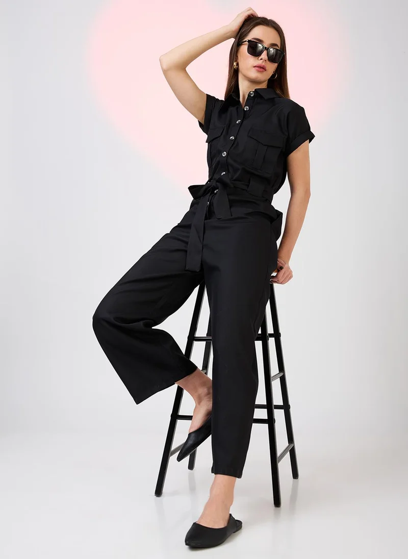 Globus Women Shirt Collar Extended Sleeves Front Pockets Utility Belted Jumpsuit