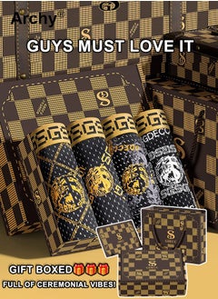Archy 4 Pack Gift Box Men's Ice Silk Cool Boxer Briefs Shorts Luxury Style Golden Print Multicolor Set Panties Summer Briefs Soft Underwear Elastic Belt Men's Trendy Pants  - Image 1