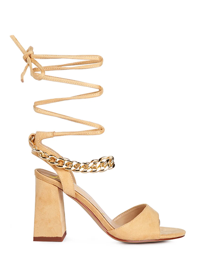 London Rag Latte Chain Detail Tie Up Block Heels