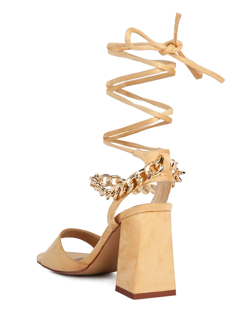 London Rag Latte Chain Detail Tie Up Block Heels