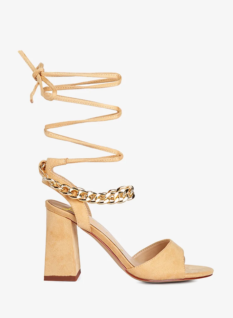 Latte Chain Detail Tie Up Block Heels