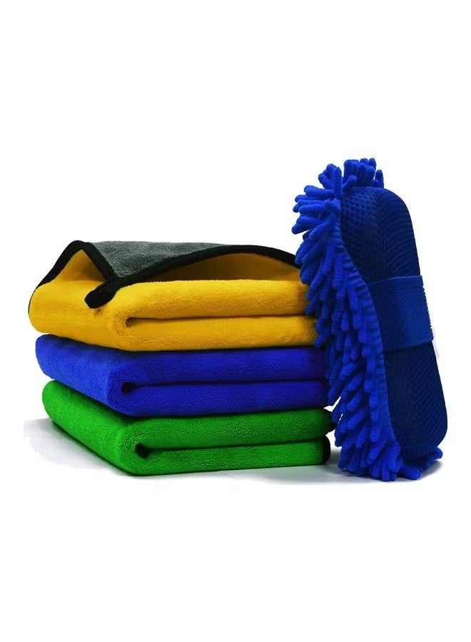كلاسيك مناشف من الألياف الدقيقة لتجفيف السيارات (مجموعة 3 + 1) (40 × 40 سم) قطعة قماش تنظيف من الألياف الدقيقة للسيارات مع إسفنجة غسيل لتنظيف وتلميع الخارجي سميكة قابلة لإعادة الاستخدام تفاصيل المنزل والمطبخ متعدد الألوان - Image 1