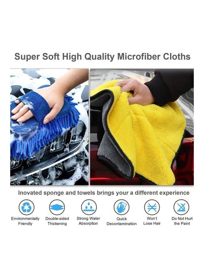 كلاسيك مناشف من الألياف الدقيقة لتجفيف السيارات (مجموعة 3 + 1) (40 × 40 سم) قطعة قماش تنظيف من الألياف الدقيقة للسيارات مع إسفنجة غسيل لتنظيف وتلميع الخارجي سميكة قابلة لإعادة الاستخدام تفاصيل المنزل والمطبخ متعدد الألوان - Image 5