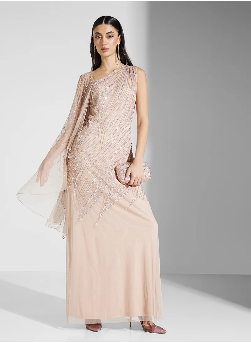 Amelia Rose Embellished Maxi Dress With Cape