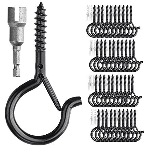 PlusRoc 40 Pack Christmas Light Hooks for Outside String Light Hanger Clips, Outdoor Eye Hook Heavy Duty Screw in Q-Hanger, 2.2 Inch Black Cup Hooks, Wall Ceiling Deck Mount - Image 1