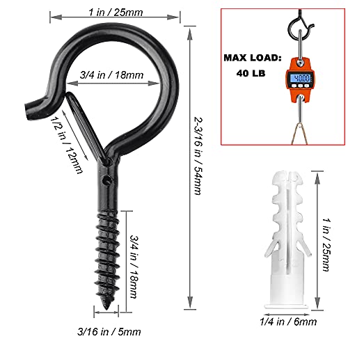 PlusRoc 40 Pack Christmas Light Hooks for Outside String Light Hanger Clips, Outdoor Eye Hook Heavy Duty Screw in Q-Hanger, 2.2 Inch Black Cup Hooks, Wall Ceiling Deck Mount - Image 5