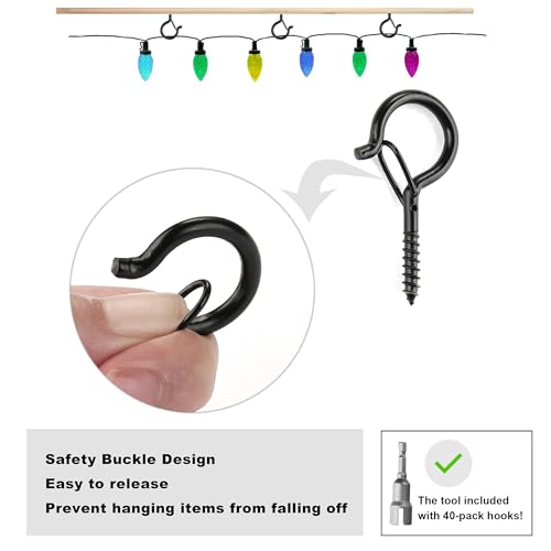 PlusRoc 40 Pack Christmas Light Hooks for Outside String Light Hanger Clips, Outdoor Eye Hook Heavy Duty Screw in Q-Hanger, 2.2 Inch Black Cup Hooks, Wall Ceiling Deck Mount - Image 4