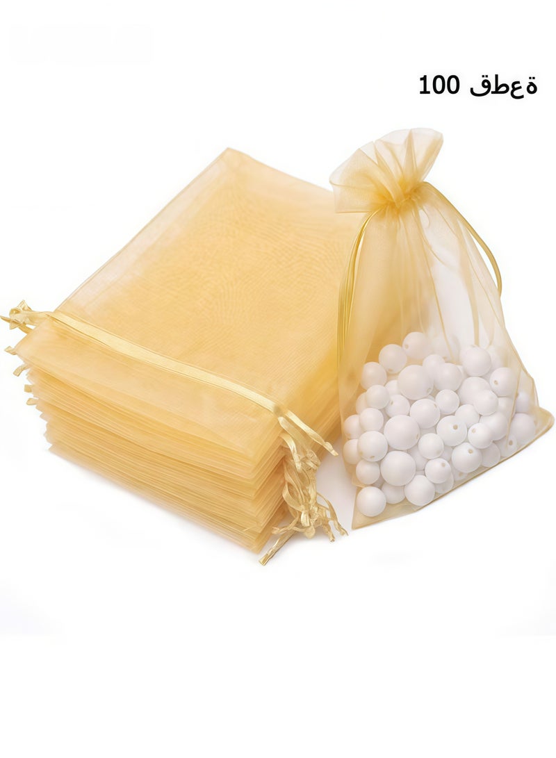 100Pcs Package  7x9 CM Sheer Drawstring Organza Jewelry Pouches Wedding Party Favor Gift Bags, Little Mesh Gift Pouches Mini Candy Bags for Small Presents Jewelry Earrings（Golden） - Image 1
