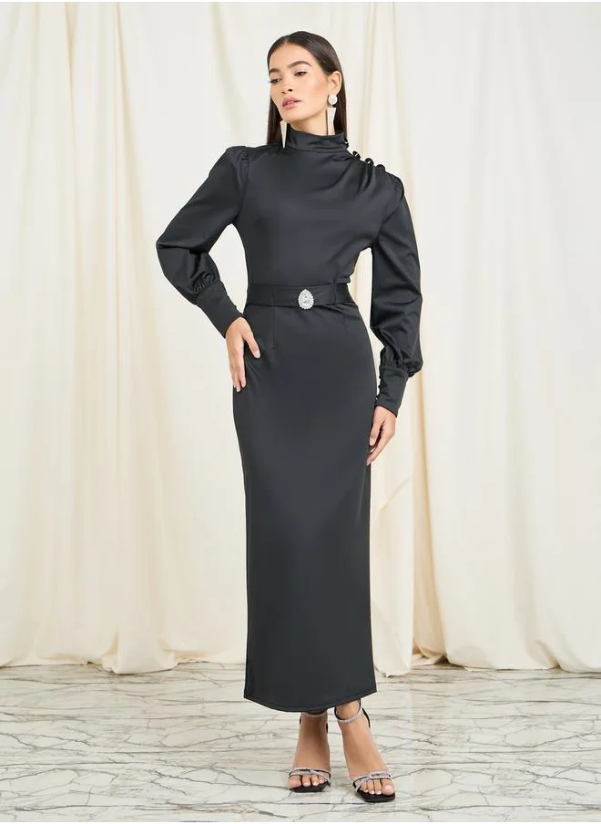 Styli Embellished Buckle Detail High Neck Bodycon Maxi Dress
