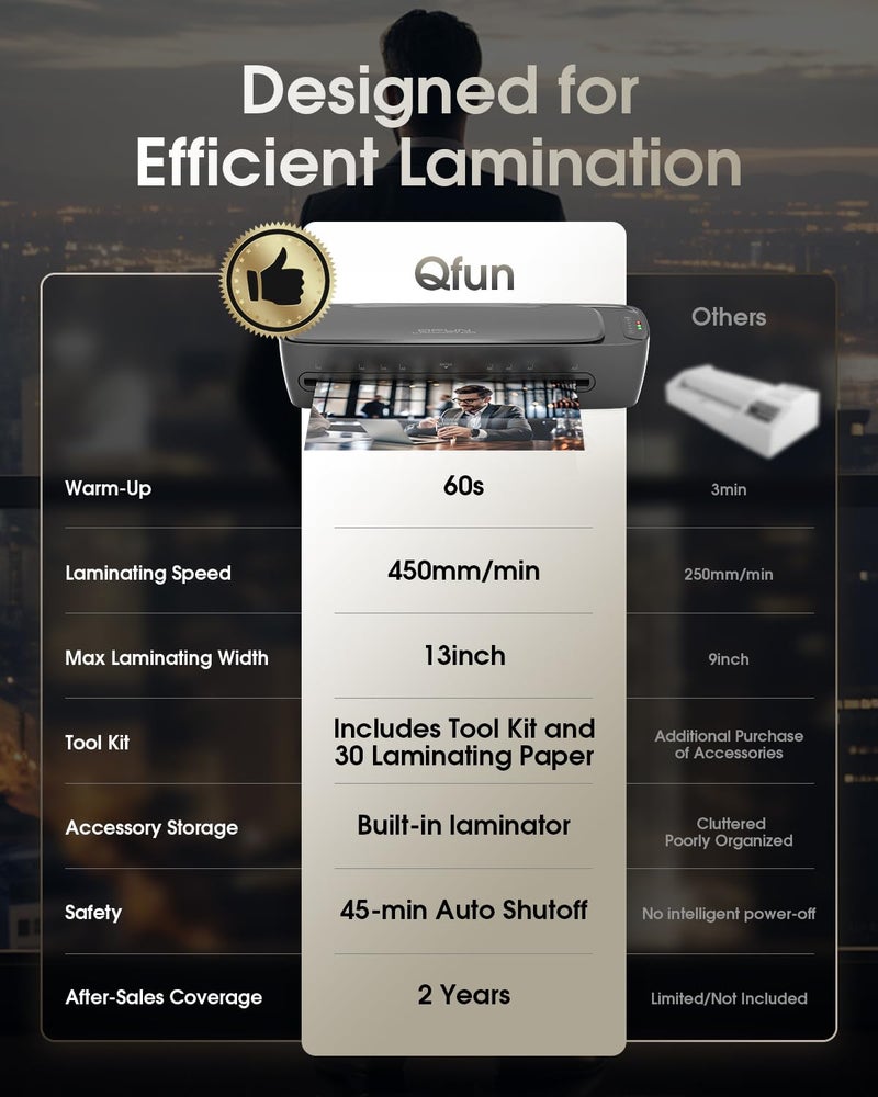 Qfun Laminator Machine 13 Inch Thermal Laminating machine 11x17 with Sheets, Cold Hot Lamination Machine 60S Warm Up Personal Laminator for Teachers, Large A3 Paper Laminate Kit for Office School Home - Image 2