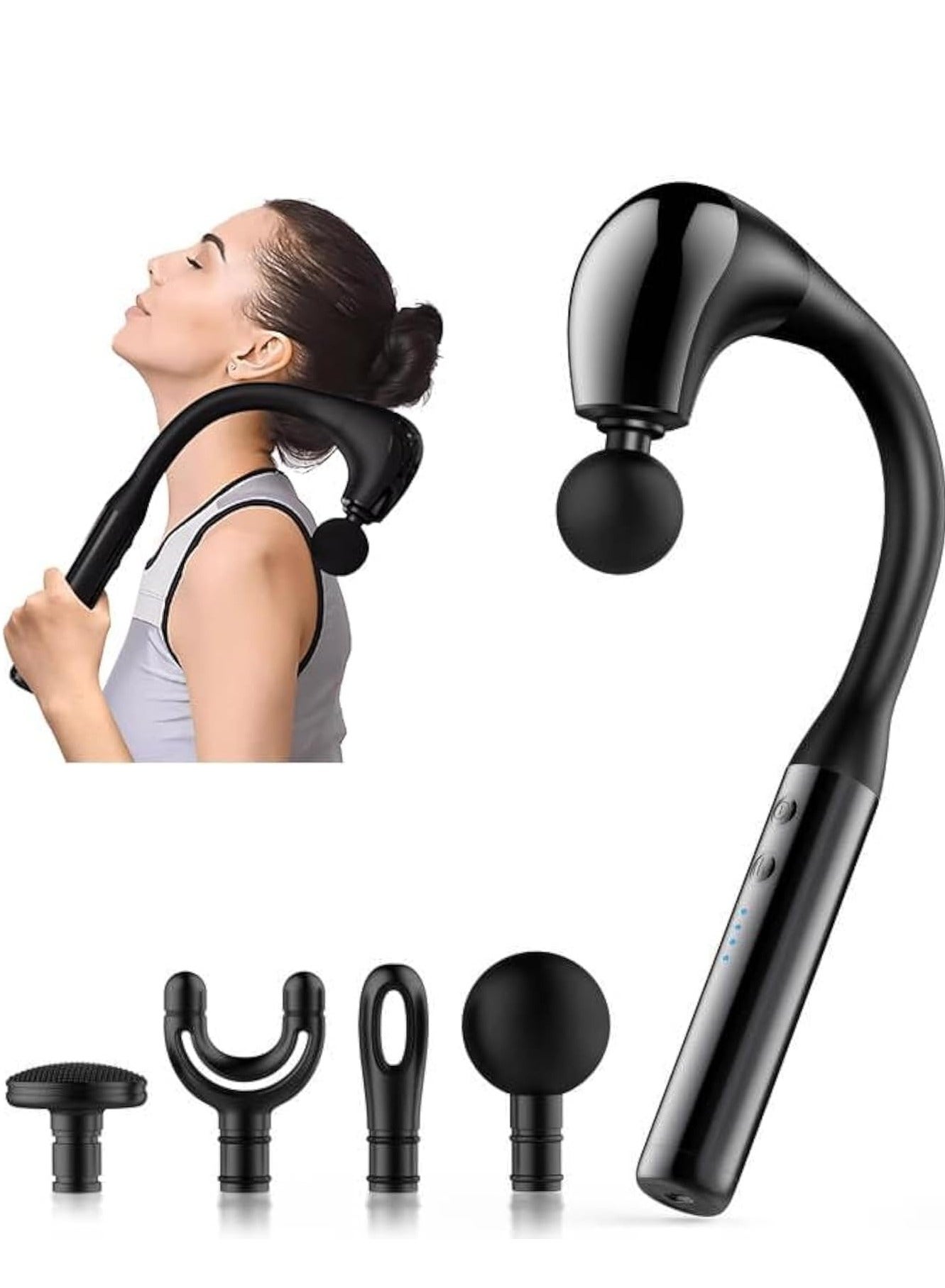 Revolutionary U-Shaped Massage Gun Back Massager with Extension Handle for Pain Relief, Deep Tissue Percussion Massager for Neck Shoulders Back Legs and Whole Body 6-Speed Adjustable 3 Massage Modes 4 Replaceable Heads LCD Display Type-C Rechargeable Handheld Electric Muscle Massager for Athletes Office Home and Travel Use