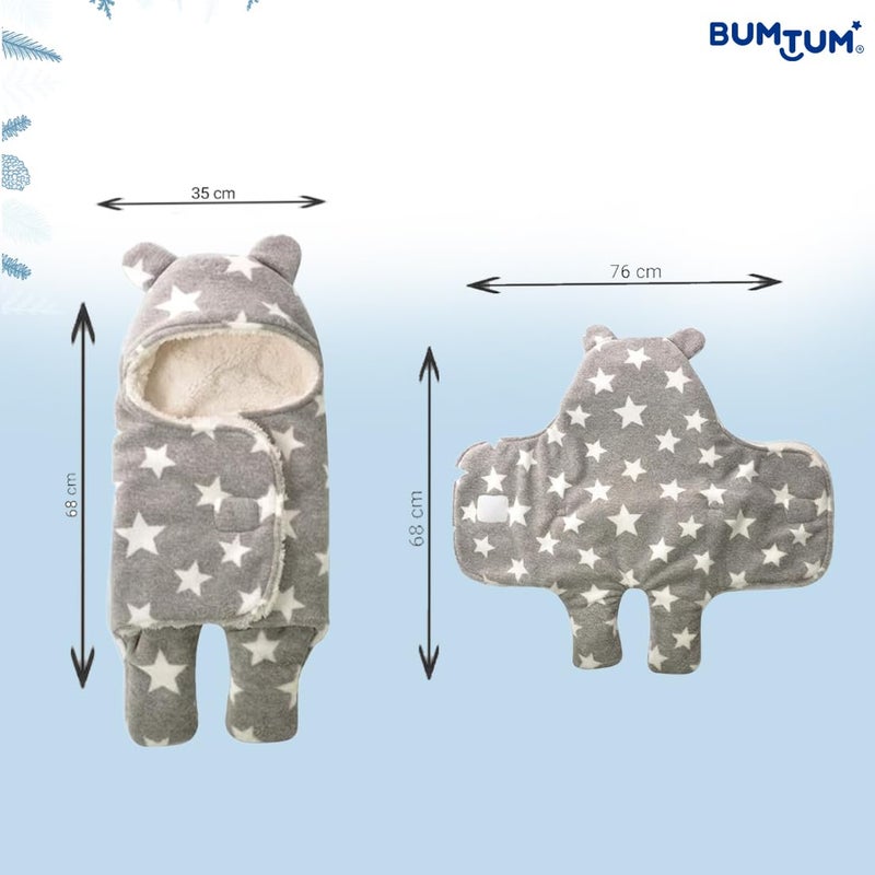 Bumtum Bumtum 3-in-1 Hooded Baby Soft Blanket Wrapper| Swaddle for New Born Babies(Boys & Girls) 0-6 Months, Travel-Friendly, Star Printed (Grey) - Image 3