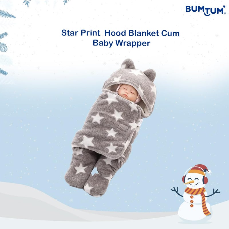Bumtum Bumtum 3-in-1 Hooded Baby Soft Blanket Wrapper| Swaddle for New Born Babies(Boys & Girls) 0-6 Months, Travel-Friendly, Star Printed (Grey) - Image 2