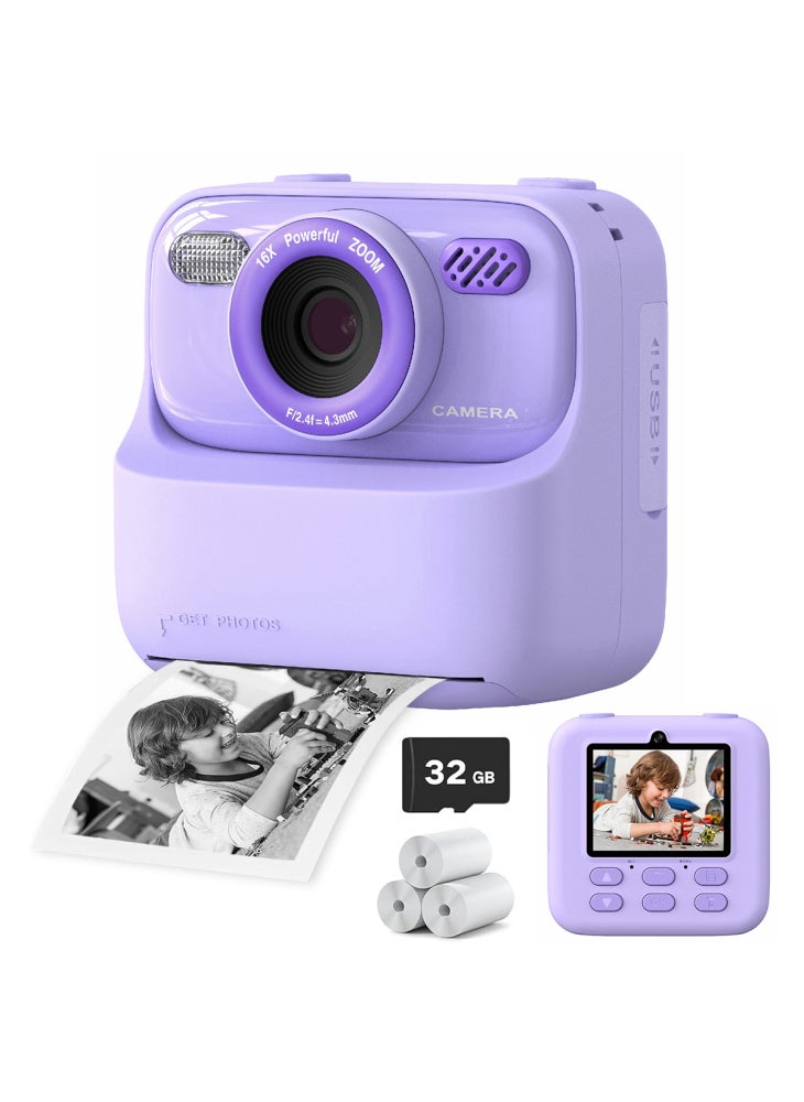 Generic P79 Photo Instant Print Kids Digital Camera Fun Game HD 1080P Dual Lens Camera with 32G Memory Card - Purple - Image 1