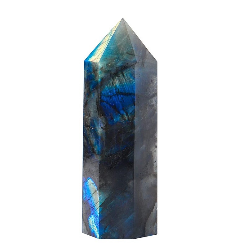 Runyangshi Runyangshi Large Labradorite Healing Crystal Wand 472512 Crystal Tower 6 Faceted Single Point Crystal Prism Wand Natural Quartz Stones for Meditation Reiki Chakra Therapy Home Decor Gift 