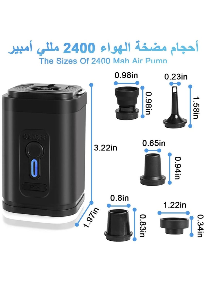 عربست مضخة هواء كهربائية صغيرة، مضخة هواء منفاخة مع 5 فوهات وإضاءة LED للتخييم، مضخة قابلة لإعادة الشحن سريعة التعبئة بقوة 2400 مللي أمبير في الساعة لمرتبة هوائية وسرير وحلقة سباحة وعوامات حمام سباحة ووسادة قابلة للنفخ وحقيبة مفرغة من الهواء  - Image 4