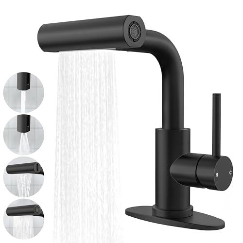 FROPO Matte Black Bathroom Sink Faucet with Pull Down Sprayer 4 Mode Single Handle Vanity Faucet Waterfall Bathroom Faucet with Pull Down Sprayer No Drain - Image 1