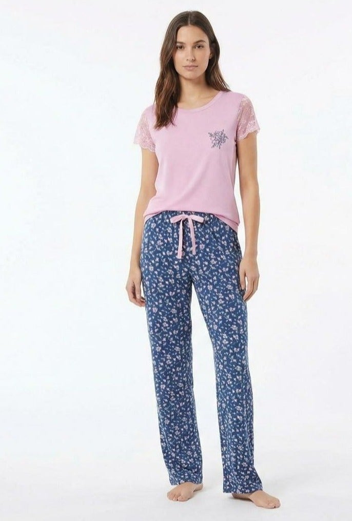 Vanilla Women's Cotton Pyjama Set, Pink Top with Lace Sleeves and Floral Navy Pants, Casual Sleepwear Code 3531