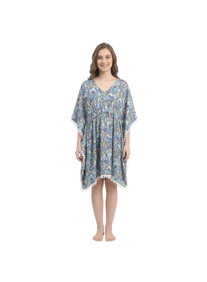 ZECOTEX Women's Chiffon Kaftan Beach Cover-Up, V-Neck Paisley Pattern with Pom-Pom Trim - Image 1