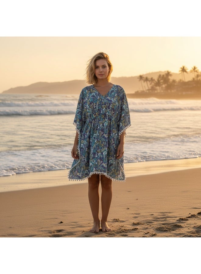 ZECOTEX Women's Chiffon Kaftan Beach Cover-Up, V-Neck Paisley Pattern with Pom-Pom Trim - Image 4