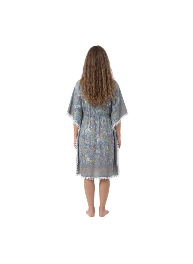 ZECOTEX Women's Chiffon Kaftan Beach Cover-Up, V-Neck Paisley Pattern with Pom-Pom Trim - Image 3
