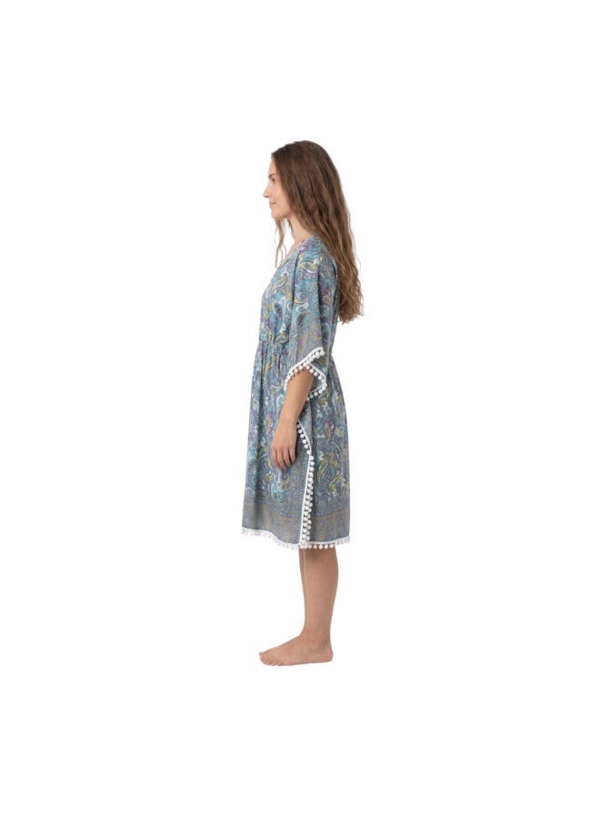 ZECOTEX Women's Chiffon Kaftan Beach Cover-Up, V-Neck Paisley Pattern with Pom-Pom Trim - Image 2