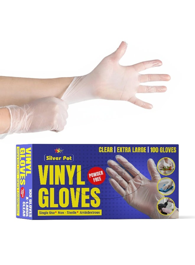 Silver Pot Disposable Vinyl Gloves, Clear, X Large, 100 Gloves x 1 Pack, Food Grade, Latex Free, Powder Free Gloves, Non Sterile, Multi Purpose for Cooking, Cleaning, Kitchen, Home and Restaurant use - Image 1