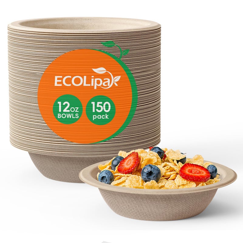 ECOLipak 150 Pack Compostable Disposable Paper Bowls 12 OZ Bagasse Heavy duty Biodegradable Eco Friendly Sugarcane Soup Bowls for Salad DessertNature
