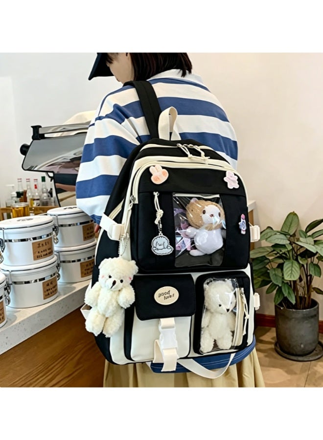 Arabest Kawaii Backpack 5pcs Set 17in Aesthetic sports bag with Cute Backpack, Shoulder Bag, Pencil Box, Tote Bag, Small Bag，Wearing a teddy bear pendant (Black backpack) - Image 2